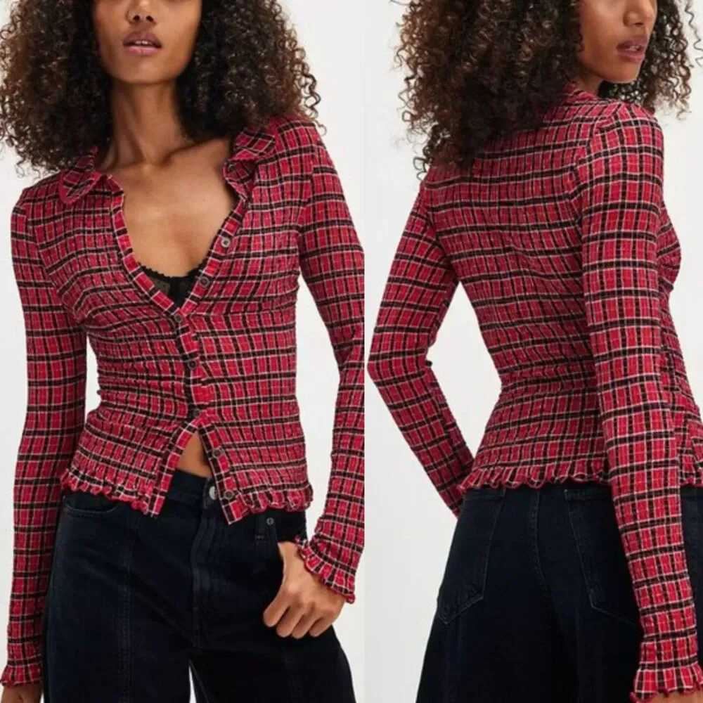 Free People Caught A Feeling Cardi Blouse – Red Combo, L, NWT